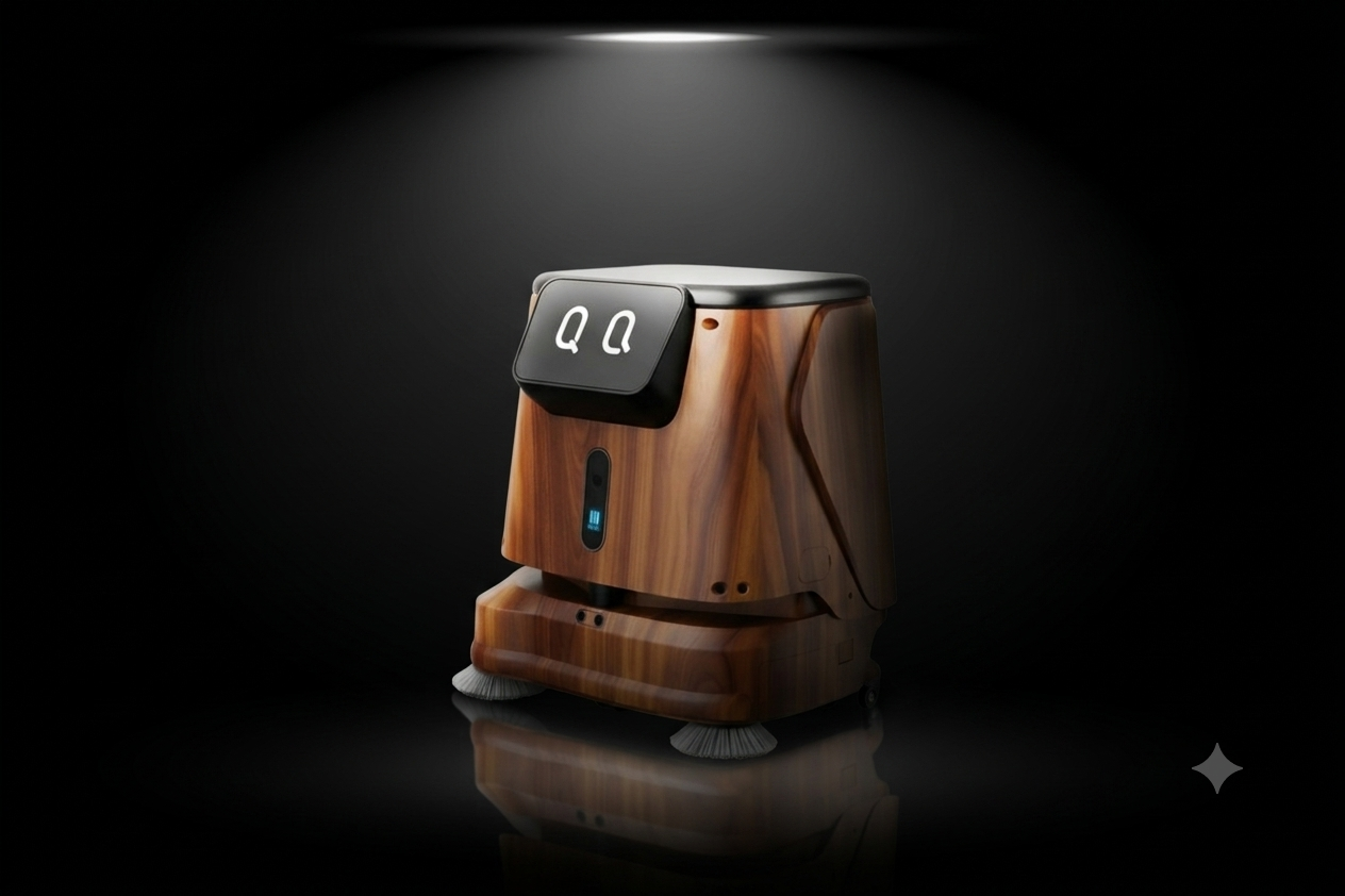 Robot de limpieza multifunción de acabado en madera sobre fondo negro